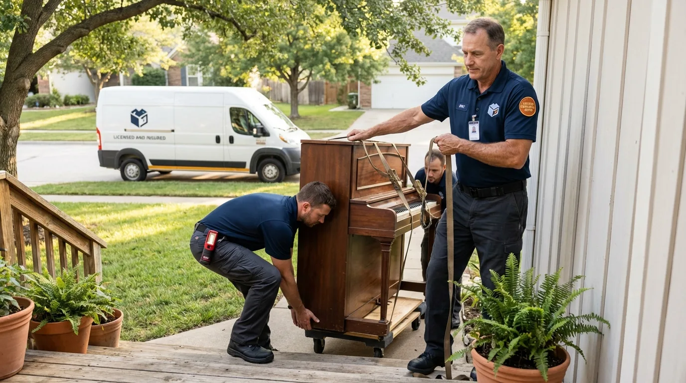 Licensed piano movers securing grand piano in Buckner, KY