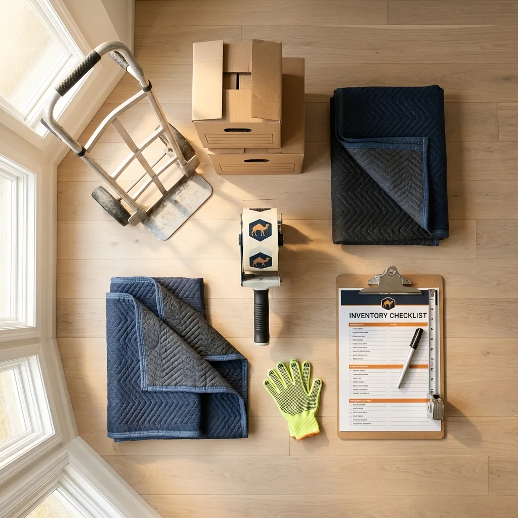 Professional moving supplies and packing materials layout for Buckner residential relocations
